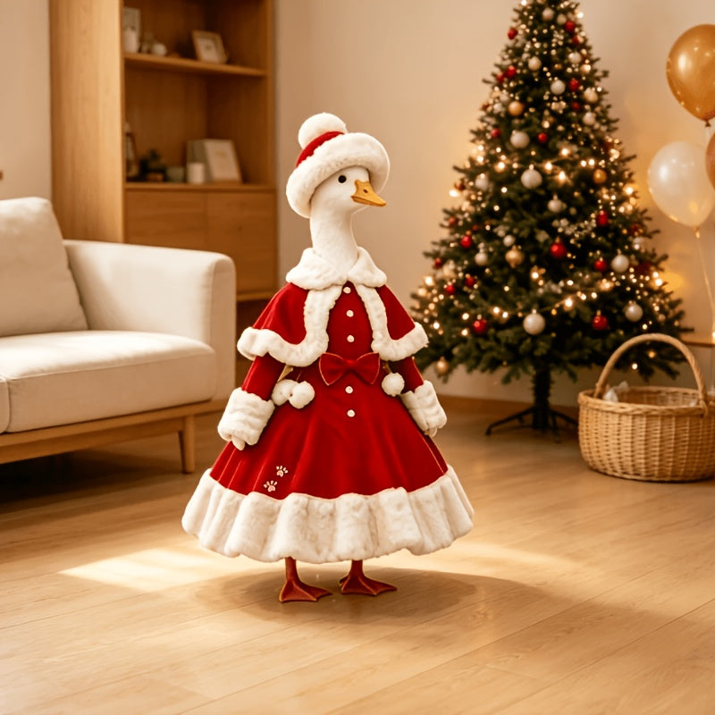 Porch Goose Christmas Costume with Hat for 23-Inch Decorative Statues, Red Holiday Outfit for Seasonal Entryway, Lawn and Garden Displays