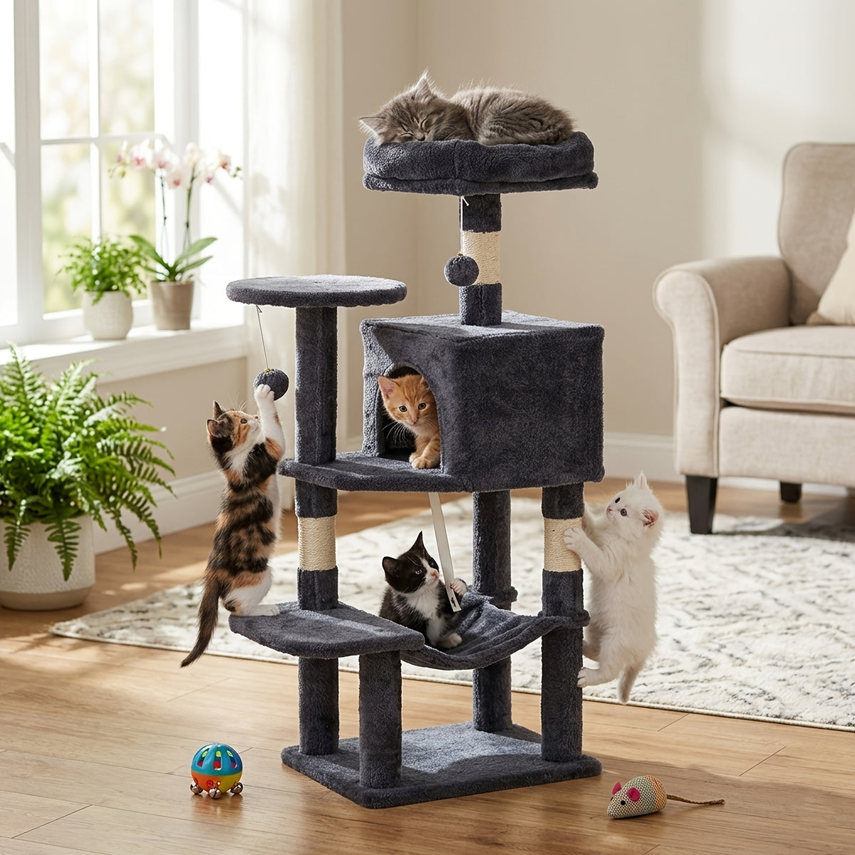 Cat Tree with Seven Color Choices, 44 Inch Indoor Cat Tower with Hammock, Condo Hideaway, Elevated Perches and Sisal Scratching Posts