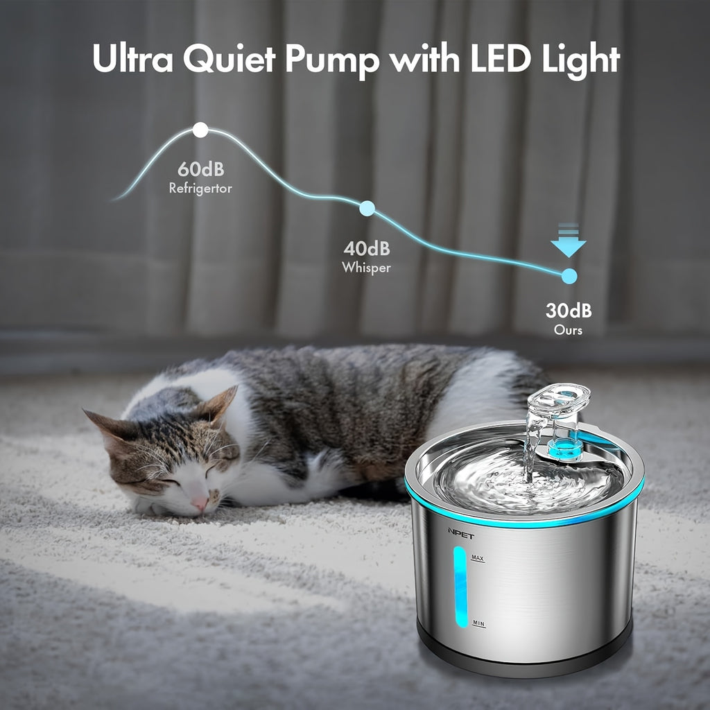 Stainless Steel Cat Water Fountain 50oz 1.5L, NPET WF210 Quiet Pet Drinking Dispenser with LED Water Level Window and Filter Bundle Options