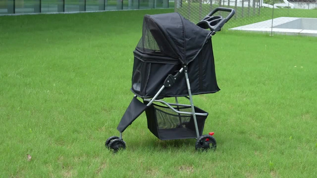 Pet Stroller with Swivel Front Wheel, Three-Wheel Foldable Dog and Cat Pushchair with Mesh Canopy, Storage Basket, Cup Holder and Weather Cover