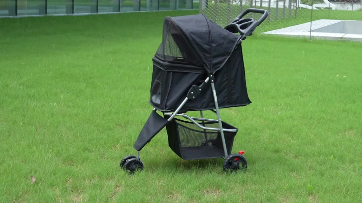 Pet Stroller with Swivel Front Wheel, Three-Wheel Foldable Dog and Cat Pushchair with Mesh Canopy, Storage Basket, Cup Holder and Weather Cover