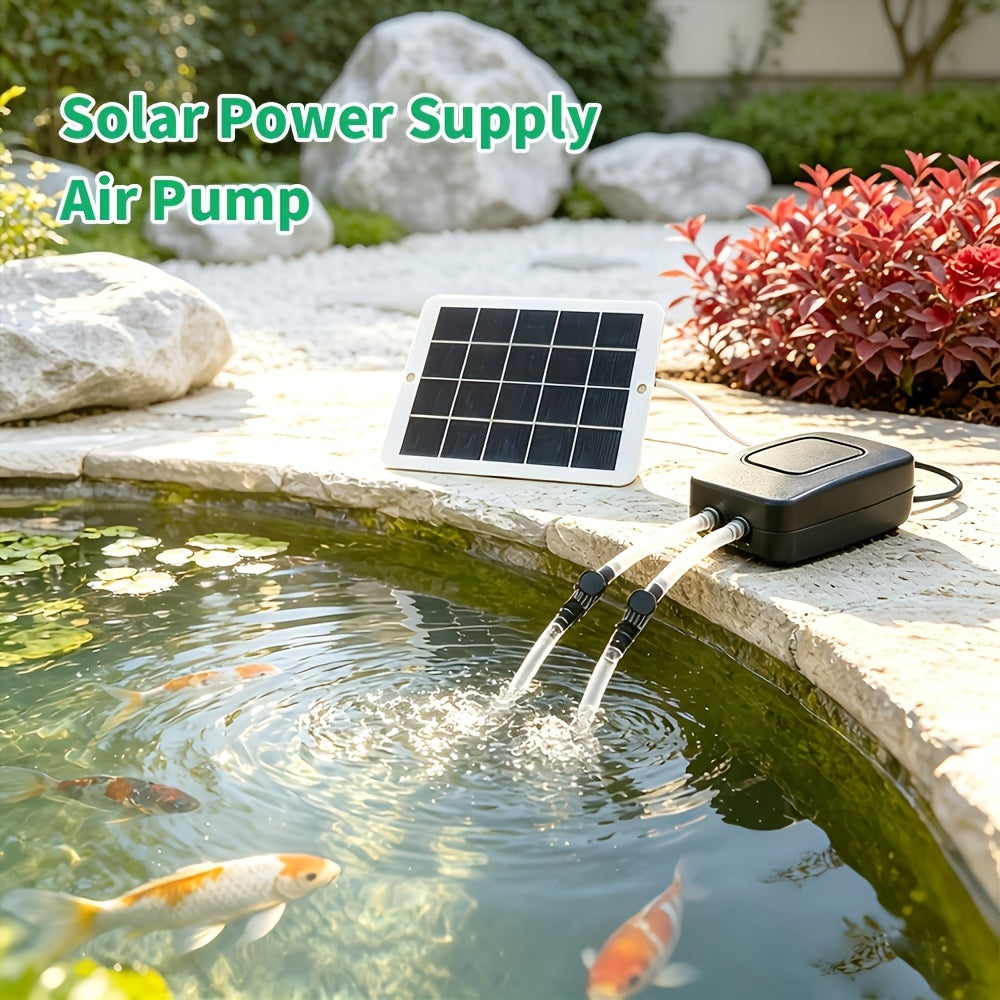 Solar Pond Air Pump with Dual Outlets, Portable Hanging Aquarium Aerator with Solar Panel, Air Tubing and Two Air Stones for Outdoor Fishkeeping