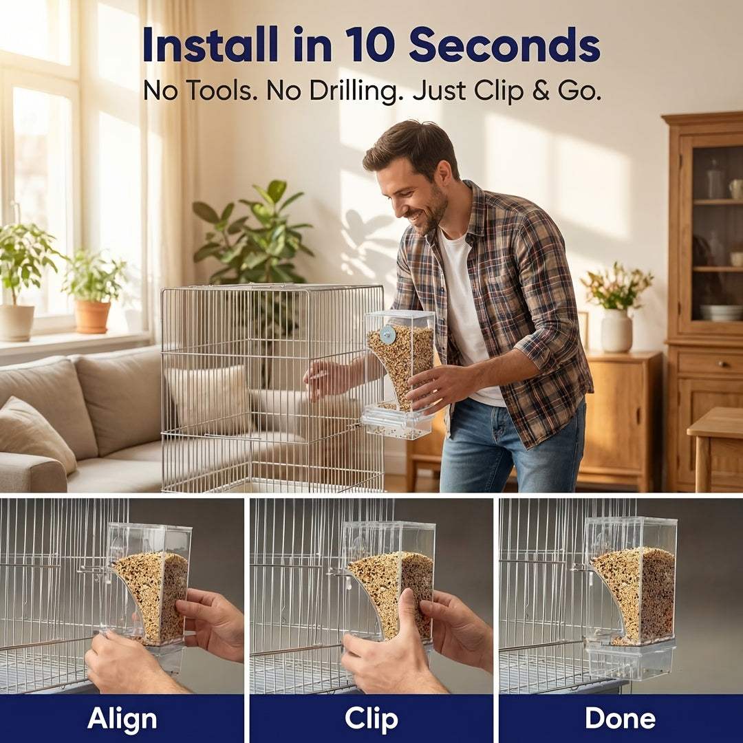 Automatic Bird Cage Feeder with Catch Tray, Transparent Acrylic Seed Dispenser with Angled Feeding Port and Cage Mount for Everyday Pet Bird Care