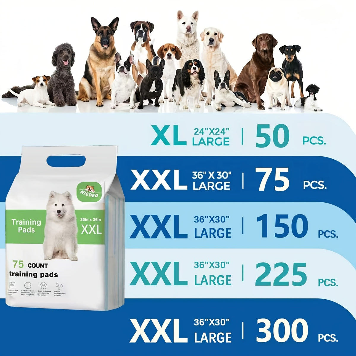 Pet Training Pads 36 x 30 or 24 x 24 Inches, Thick Disposable Absorbent Puppy Pee Pads with Leak Protection and Odor Control, 50 to 300 Count Options