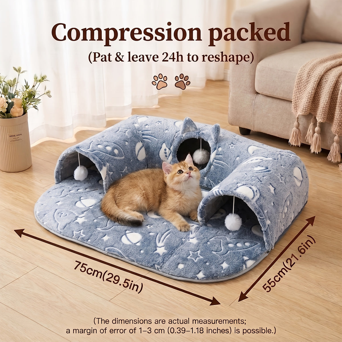 Detachable Cat Tunnel Bed with Plush Lounge and Hanging Pom-Pom Ball, S and M Indoor Cat Nest with Optional Glow-in-the-Dark Stars and Moon