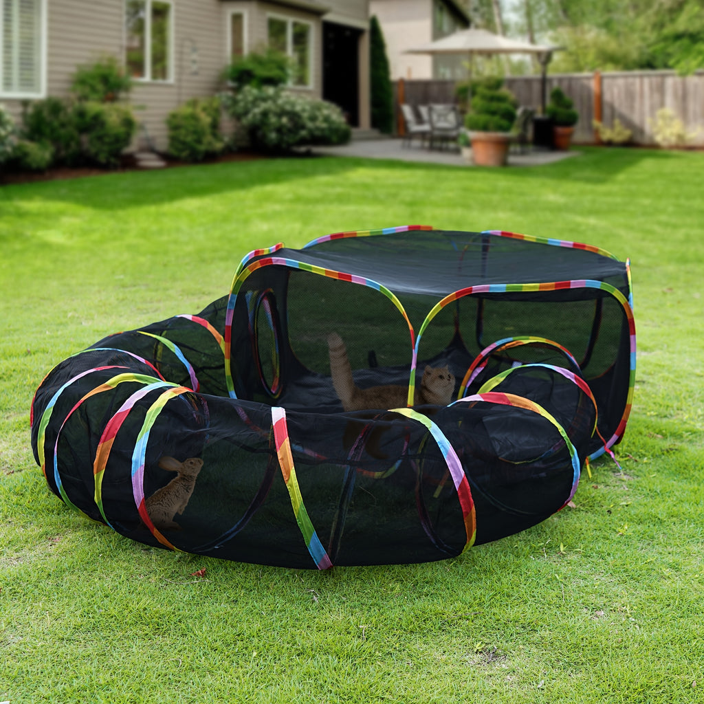 Portable Cat Catio with Circle Tunnel, Rainbow Mesh Tent and Playpen for Indoor Cats and Kittens, Supervised Backyard Exploration with Storage Bag