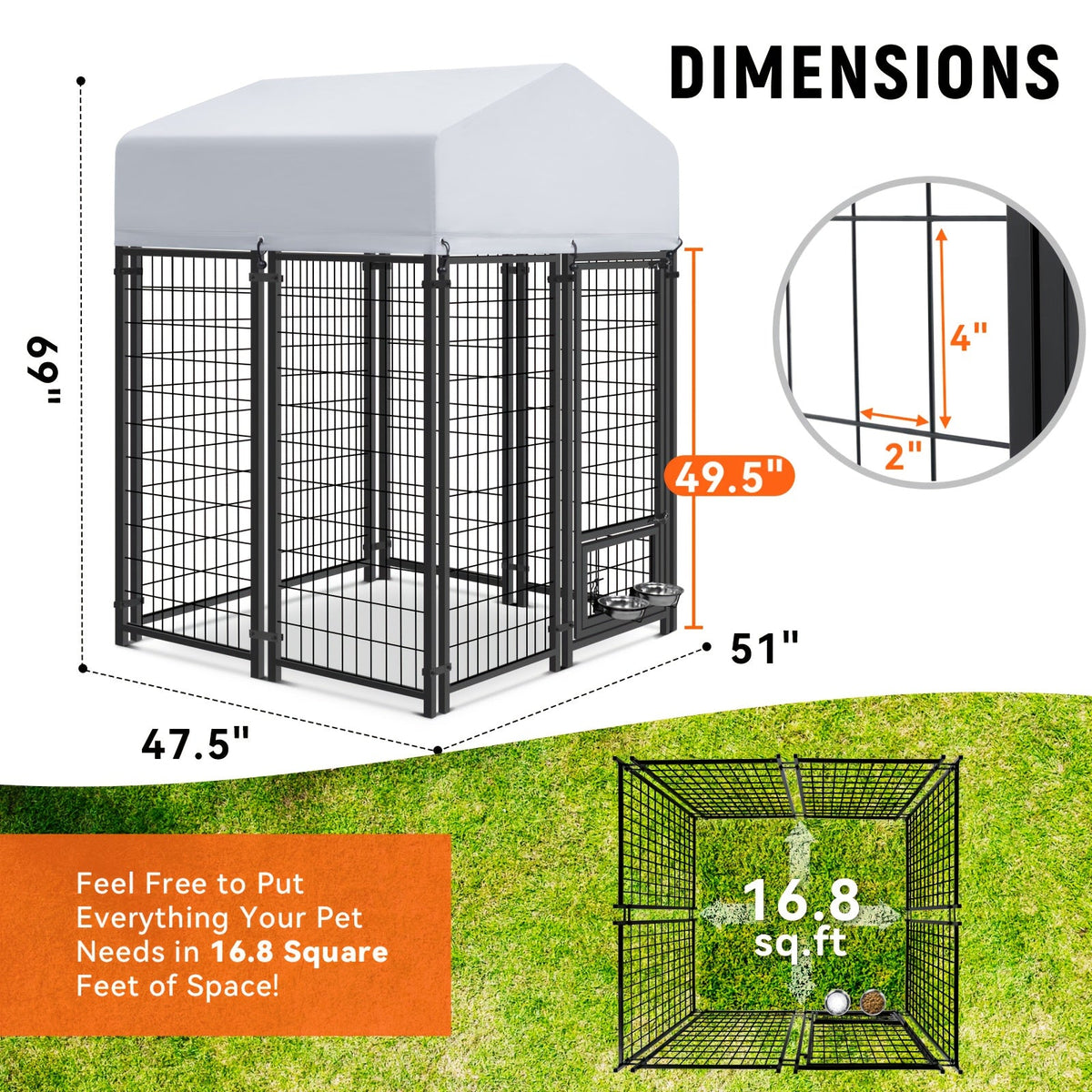 Large Dog Outdoor Kennel with UV-Resistant Roof Cover, Welded Wire Steel Enclosure with Secure Lock in 4, 6 or 8 Foot Lengths
