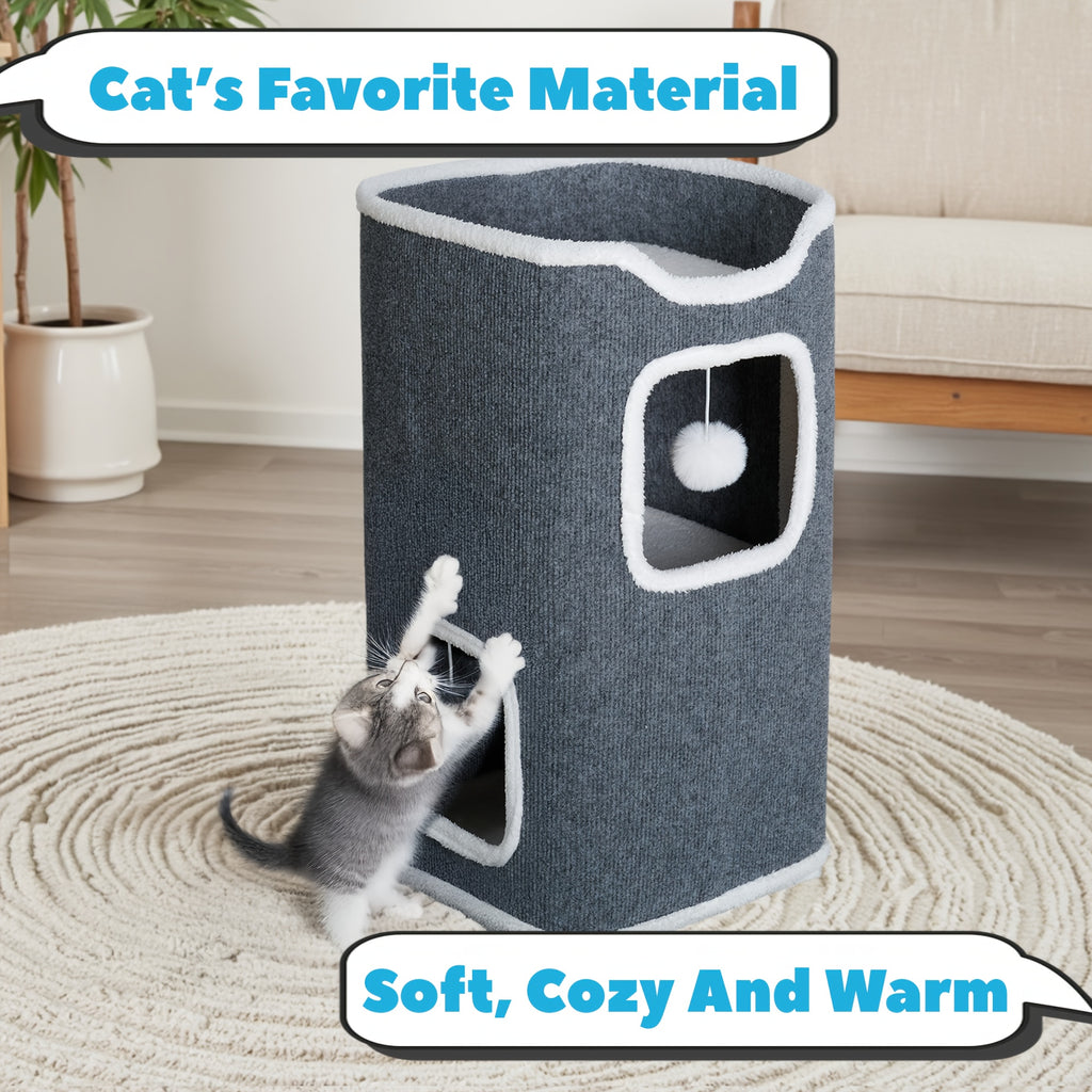 Cat Hideaway Tower with Felt Exterior and Particle Board Frame, Indoor Cat Condo Furniture in One, Three or Four Layers with Optional Bell Ball Bundles