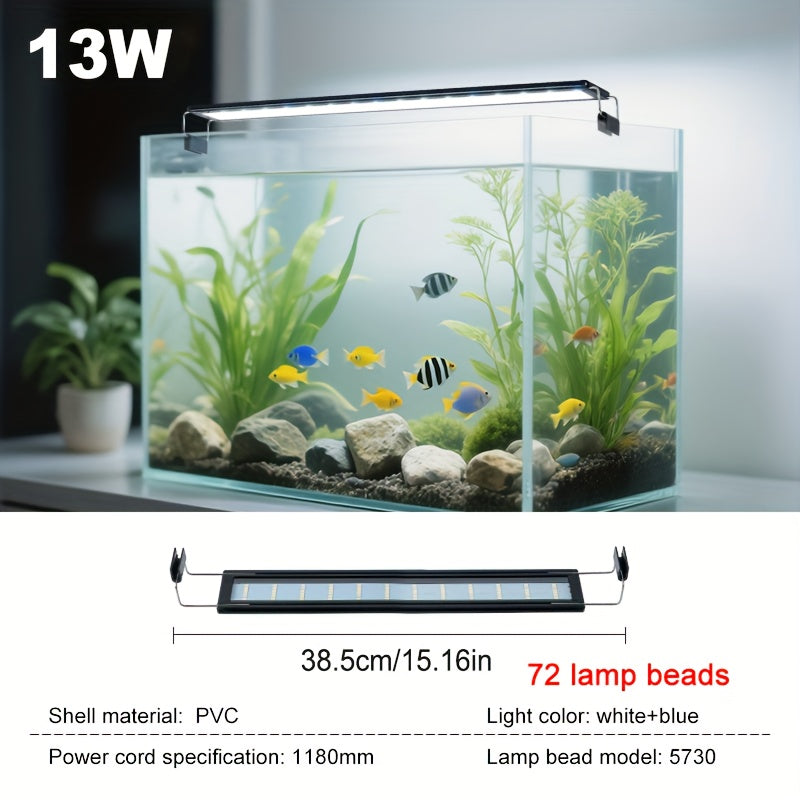 Aquarium Plant Light with Retractable Stand, Blue and White Fish Tank Lighting for Open-Top Home Aquariums, Five Sizes for 7.09-26.77 Inch Tanks