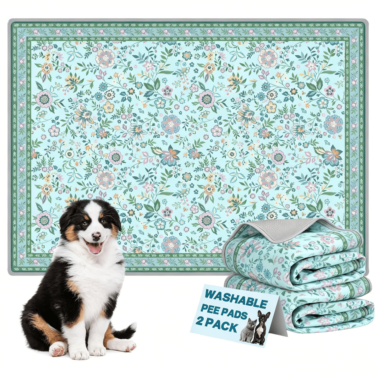 Washable Dog Pee Pads with Floral Print, 2 Pack Reusable Non-Slip Leakproof Puppy Potty Training Mats for Crates and Floors in Three Sizes