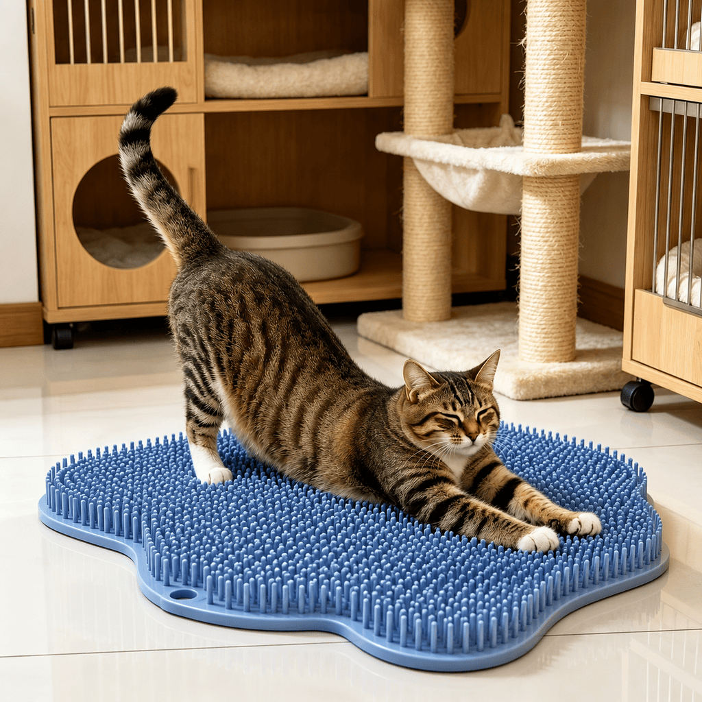 Cat Self Grooming Brush in Blue, Wall-Mounted Massage Scratching Board for Loose Fur Care, Space-Saving Everyday Pet Groomer for Indoor Cats