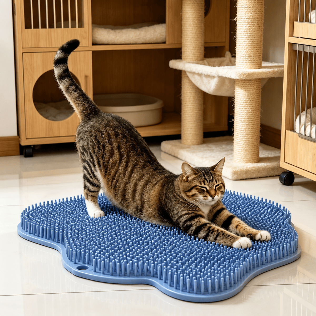 Cat Self Grooming Brush in Blue, Wall-Mounted Massage Scratching Board for Loose Fur Care, Space-Saving Everyday Pet Groomer for Indoor Cats