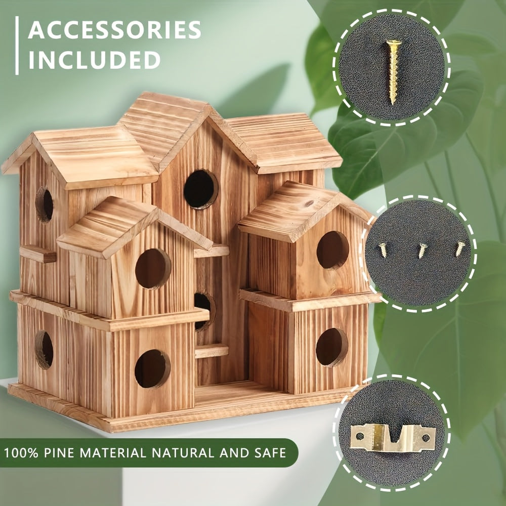 Pine Wood Birdhouse with 10 Listed Compartments, Multi-Roof Cottage Bird House with Round Entry Openings for Outdoor Garden, Patio and Backyard Decor