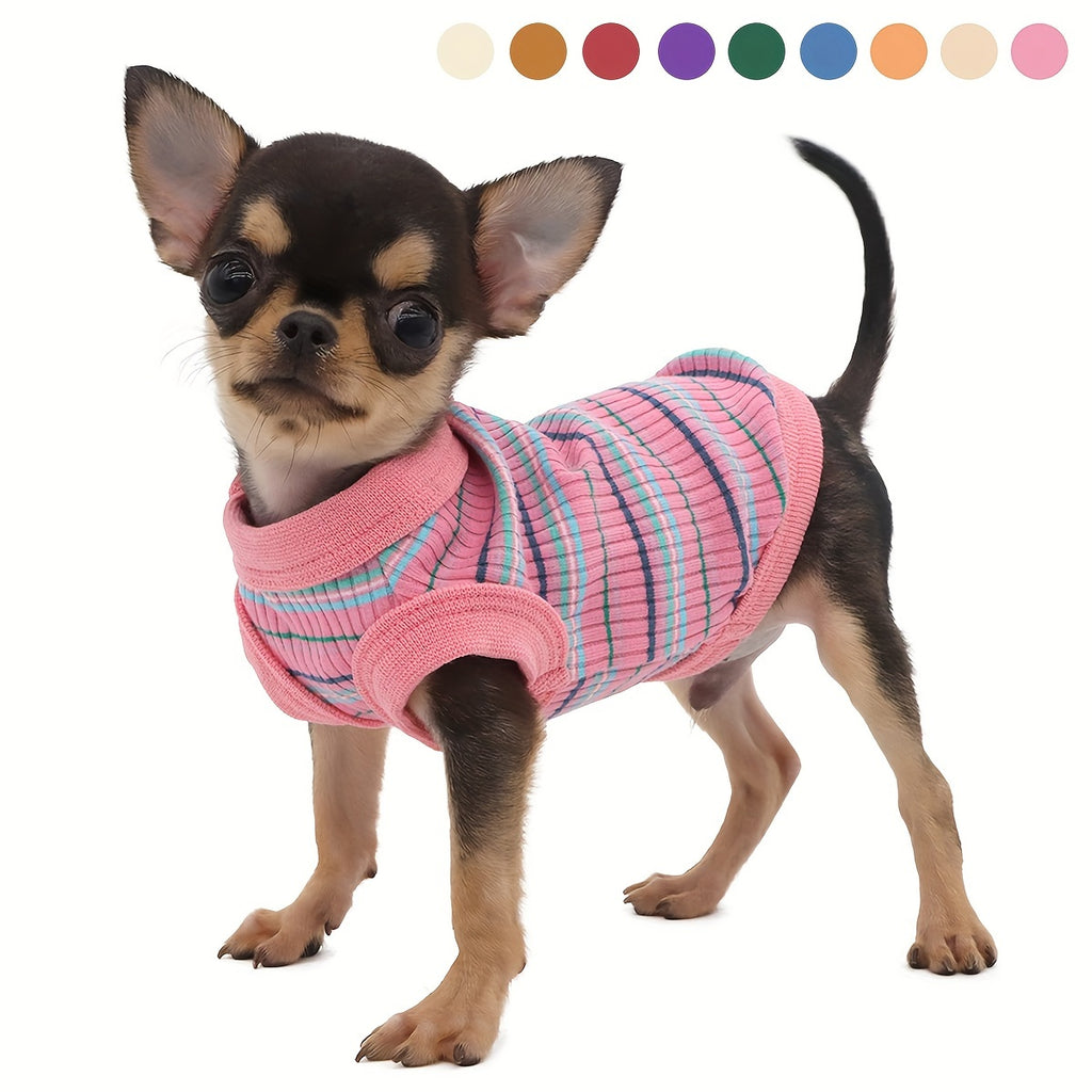 Striped Dog Tank Top with Soft Ribbed Fabric, Sleeveless Pullover Pet Vest for Small Dogs, Six Colors and XS–XXL Size Options, Hand Wash Only