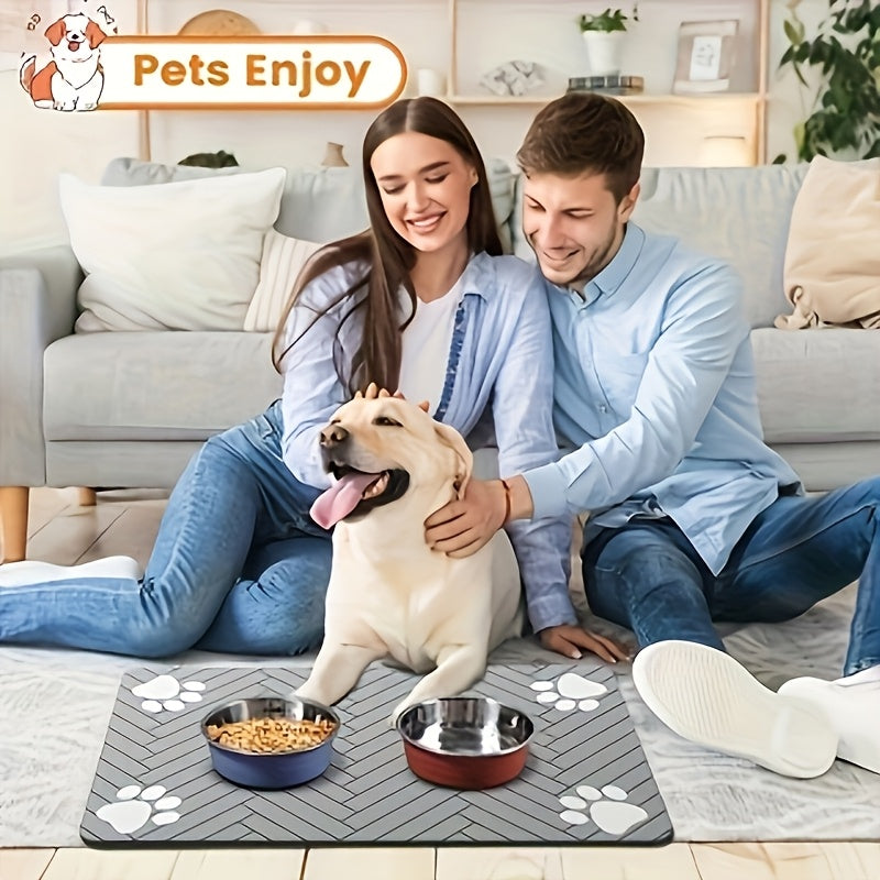 Paw Print Pet Feeding Mat, Light Gray 11.81 x 15.75 Inch Absorbent Non-Slip Bowl Pad with Herringbone Design for Dog and Cat Food and Water Stations