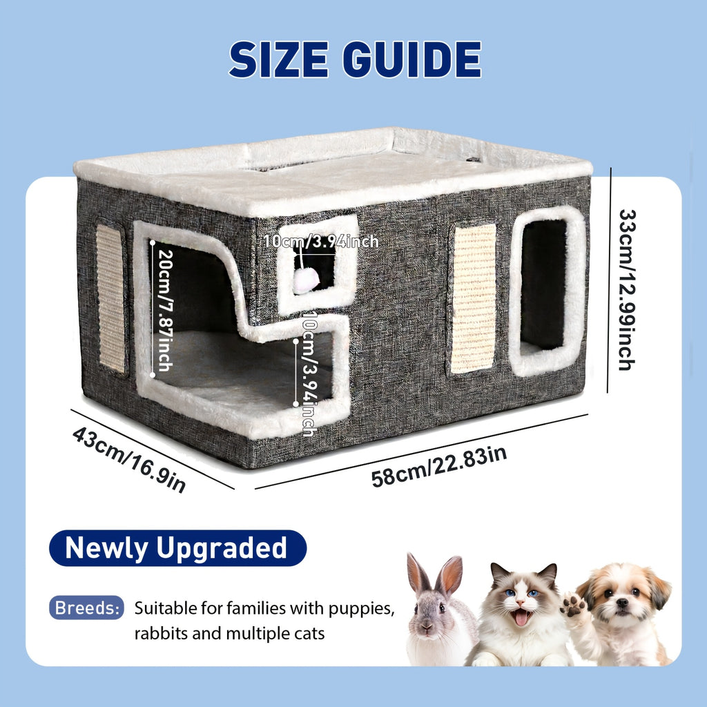 Cat House with Scratching Box, Large Light Gray 3-in-1 Indoor Cat Condo Cube with Wooden Structure and Ottoman-Style Hideaway for Sleep and Play