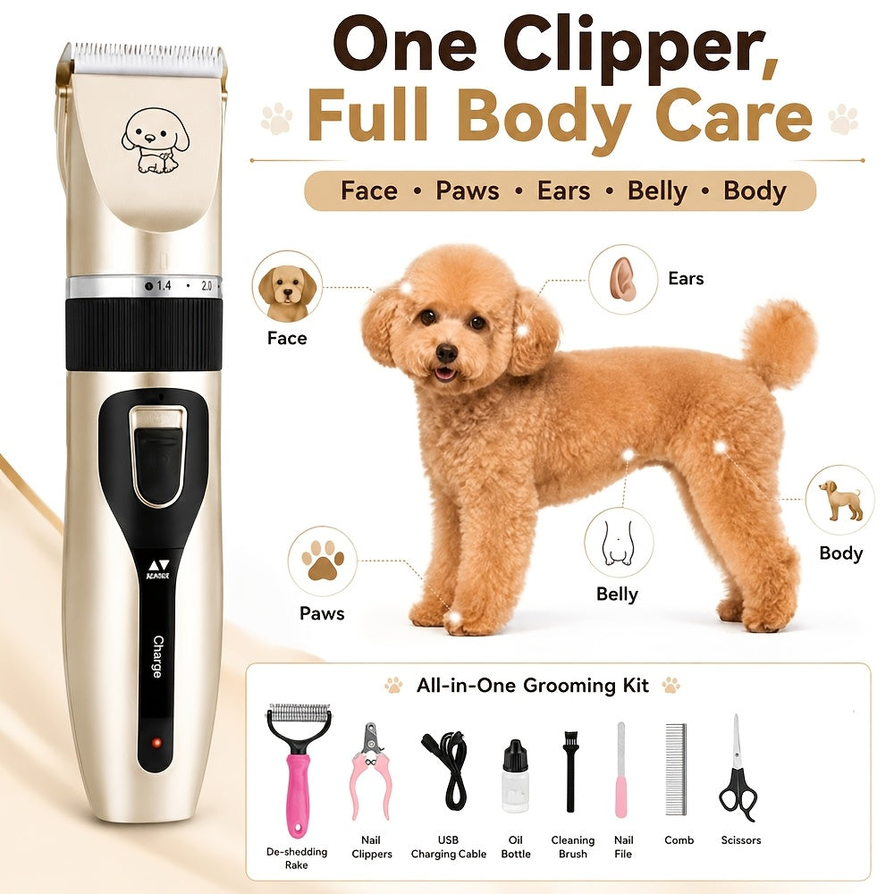 Electric Dog Grooming Clippers, Low-Noise USB Rechargeable Pet Hair Trimmer for Dogs and Cats, Golden or Red with 12-Piece Set Options