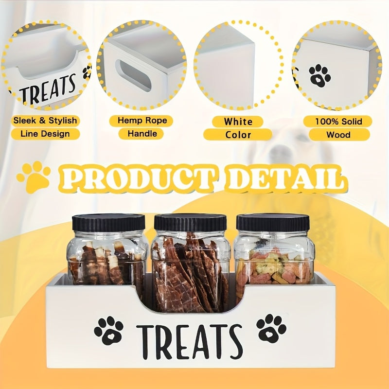 Pet Treat Jar Organizer with Paw Print Pattern, Farmhouse Countertop Holder for 3 Jars, Faux Wood Look in Black or White for Dog Owners