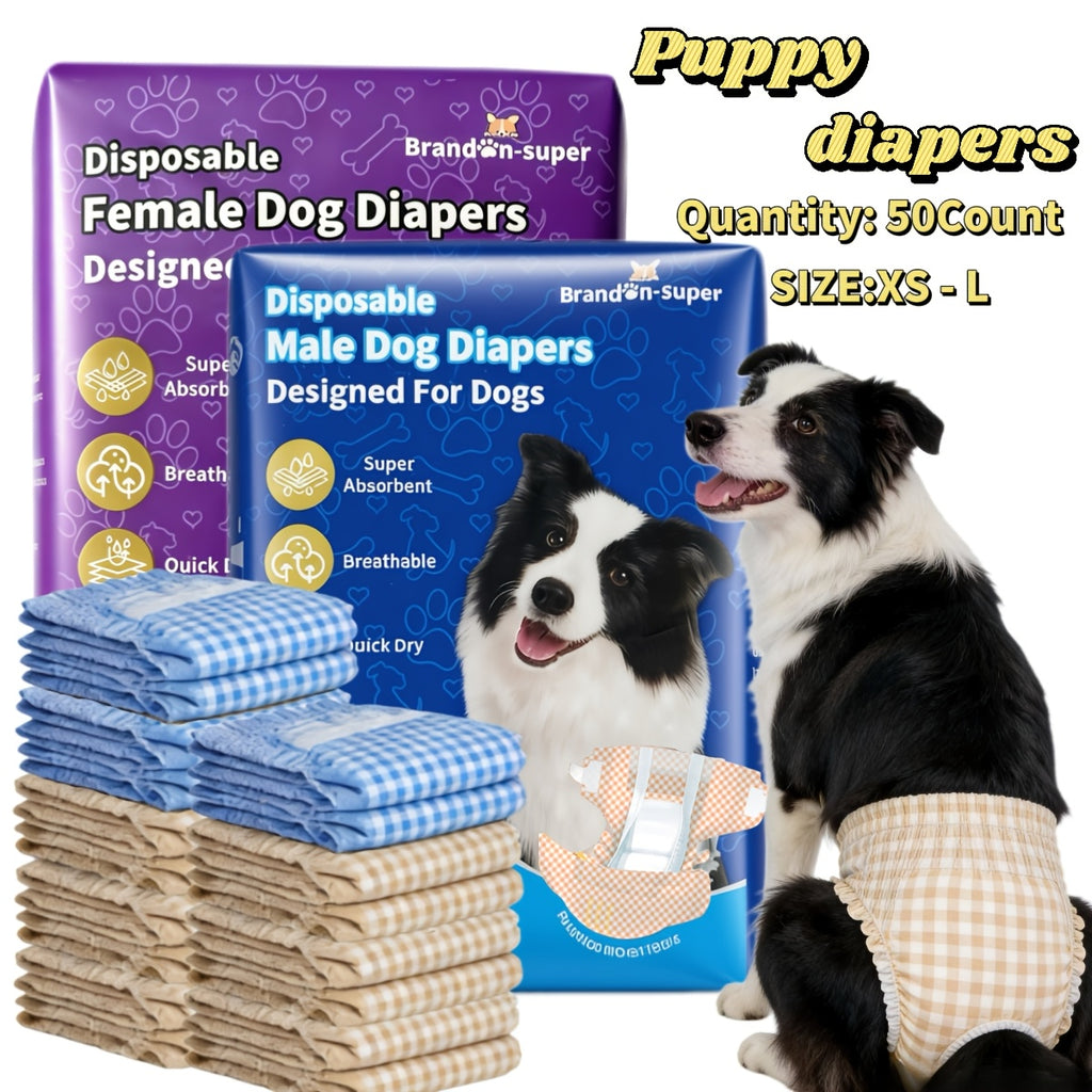 Absorbent Disposable Dog Diapers 50 Pack, Male and Female Style Options in XS to L for Puppies, Senior Dogs and Everyday Accident Care