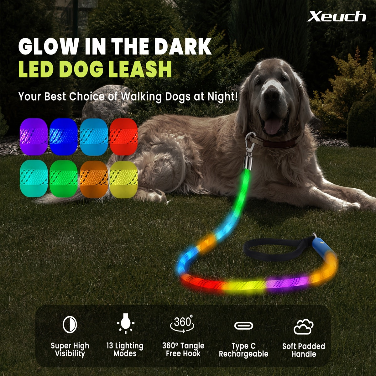 LED Dog Leash 4ft with 13 Lighting Modes, Type-C Rechargeable Light Up Walking Lead with Padded Handle and Swivel Hook for Evening Outings