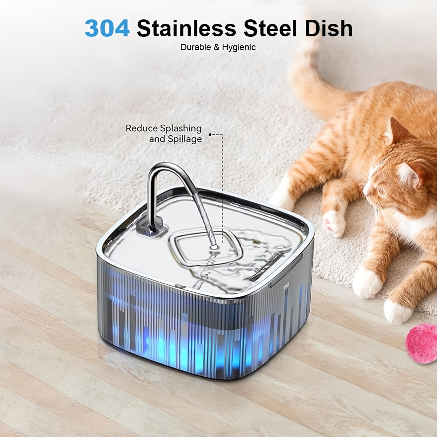 Cat Water Fountain with Square Wave Design, 75oz/2.2L Automatic Pet Water Dispenser with Stainless Steel Lid and Quiet LED Pump for Indoor Cats & Small Dogs
