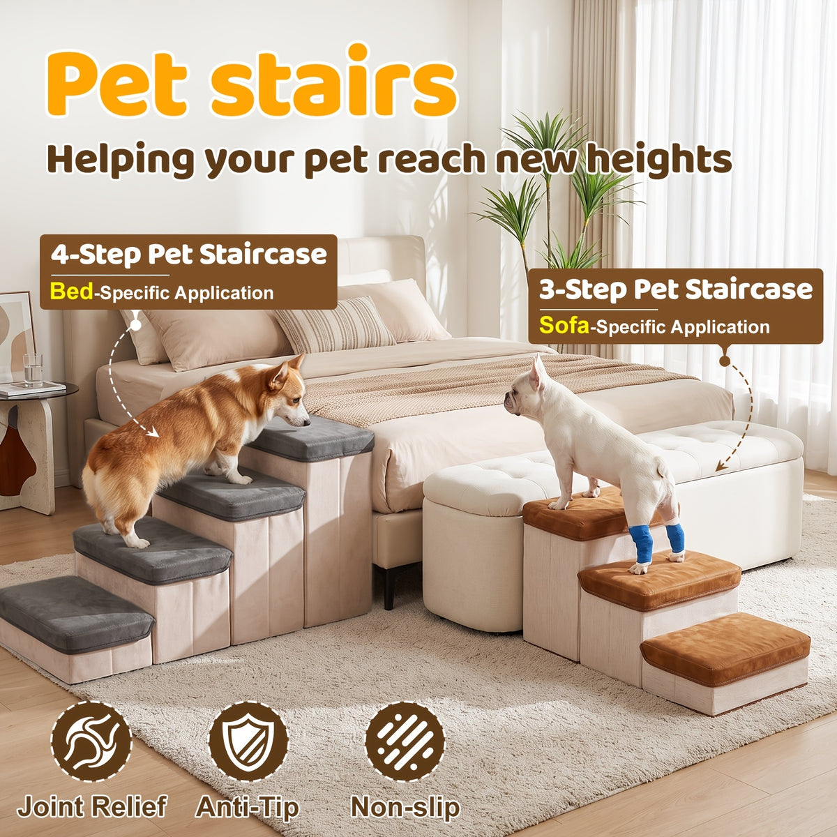 Foldable Dog Stairs with Storage Ottoman Design, Soft Cushioned Non-Slip Pet Steps for Bed and Couch, 3/4-Step Styles with Chicken Leg Plush Toy