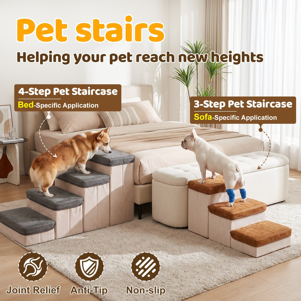 Foldable Dog Stairs with Storage Ottoman Design, Soft Cushioned Non-Slip Pet Steps for Bed and Couch, 3/4-Step Styles with Chicken Leg Plush Toy