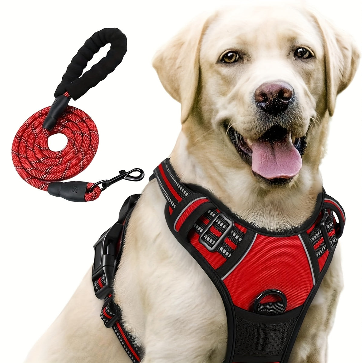 Dog Harness and 5ft Leash Bundle, Adjustable Reflective Walking Vest in Black, Blue or Red, S-XL Sizes for Everyday Walks and Training