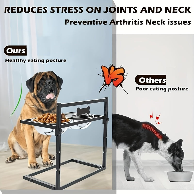 Adjustable Elevated Dog Bowl Stand for Small and Medium Dogs, Black Metal Raised Feeding Station with Two Stainless Steel Food and Water Bowls