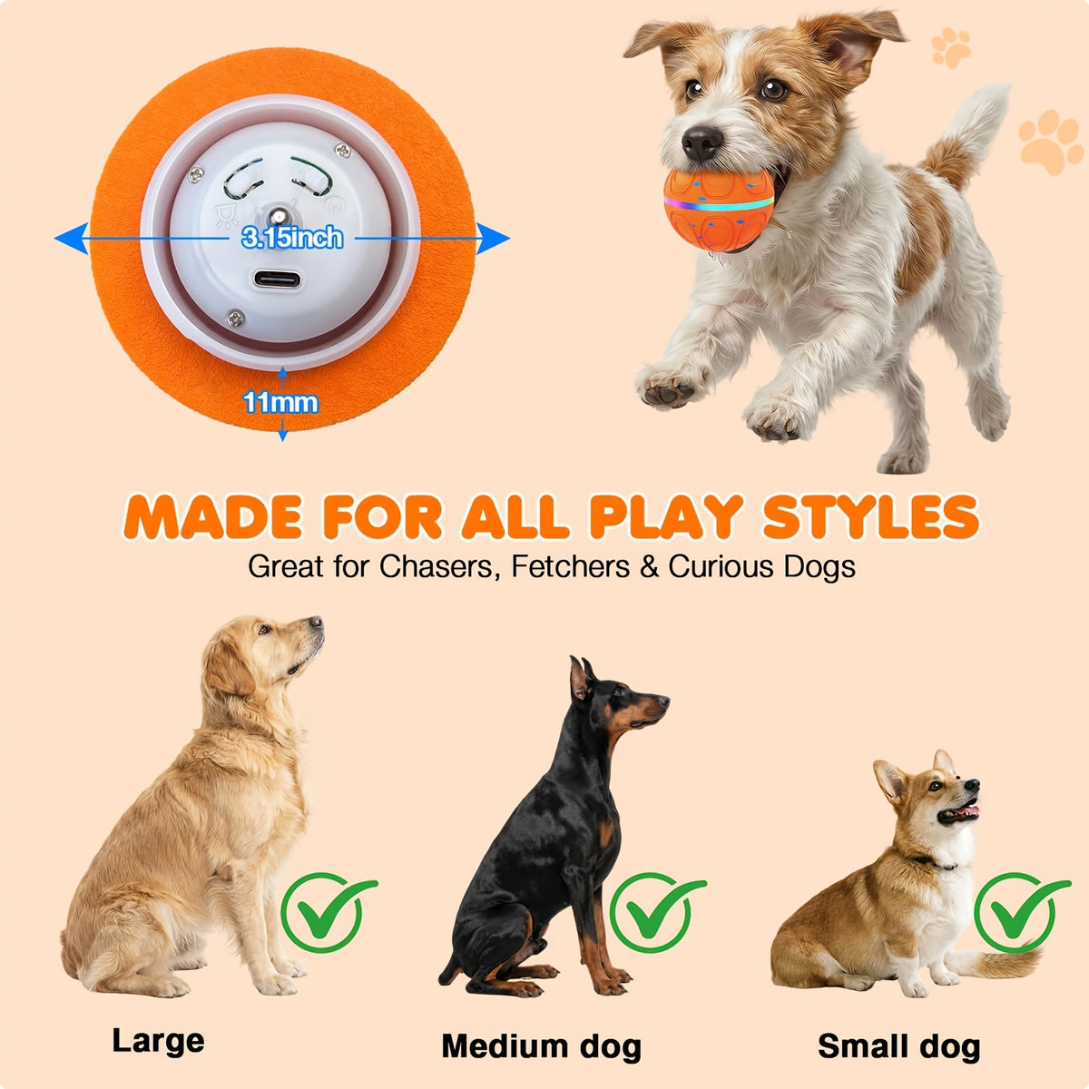 Rolling and Jumping Dog Ball with Colorful Lights, Rechargeable Interactive Chase Toy with Charging Cable for Supervised Indoor and Lawn Play