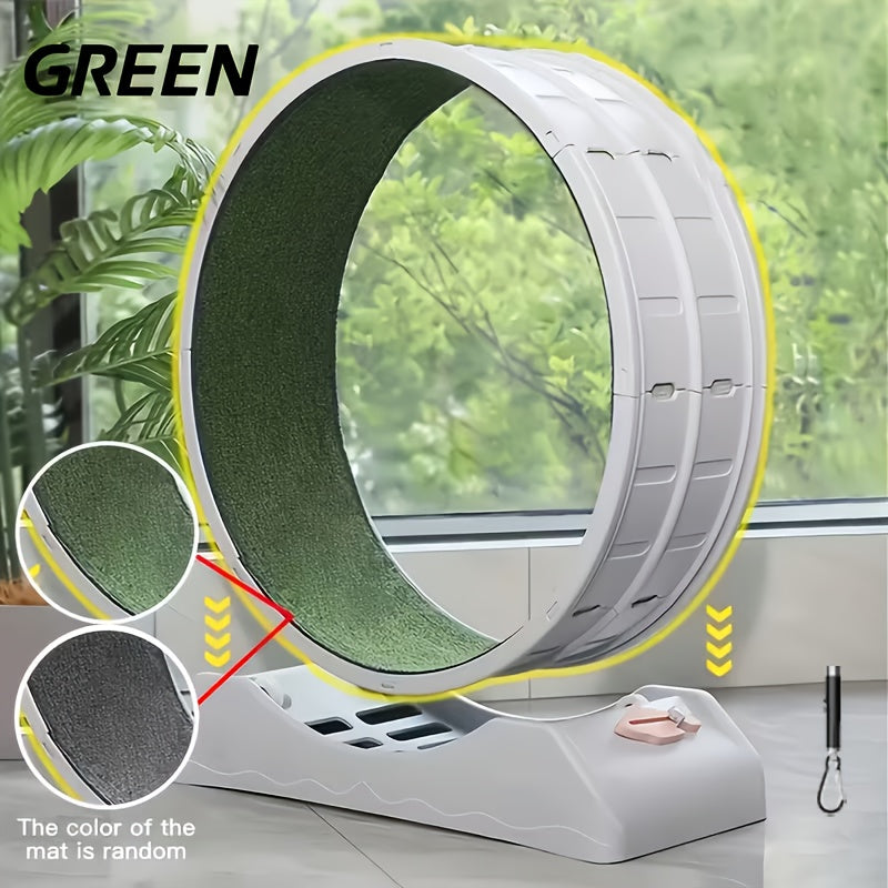 33 Inch Cat Exercise Wheel with Carpeted Runway, Plastic Indoor Cat Treadmill for Supervised Activity, Includes Whistle in Grey, Blue or Green