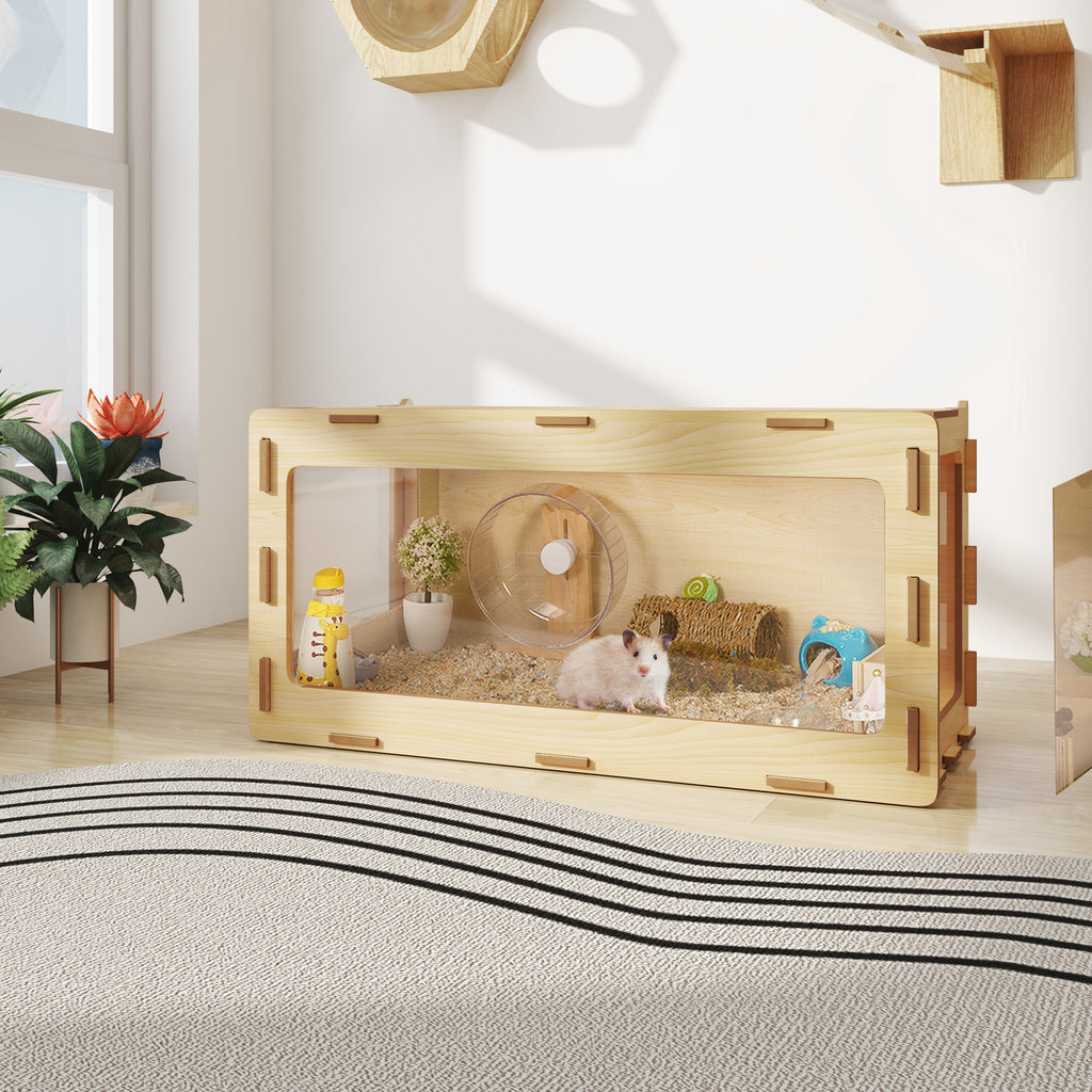 Hamster Habitat Wooden Cage with Clear Acrylic Front, Openable Top and Side Locks, 31.5-Inch Small Pet Enclosure in Natural or Burlywood