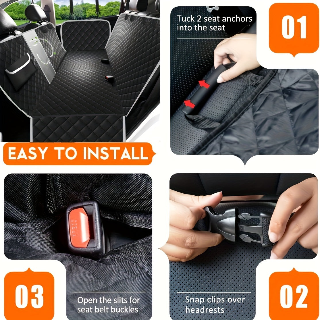 Nylon Dog Car Seat Cover with Mesh Windows and Storage Pockets, Non-Slip Gray Black Pet Hammock for Everyday Car, Truck and SUV Travel