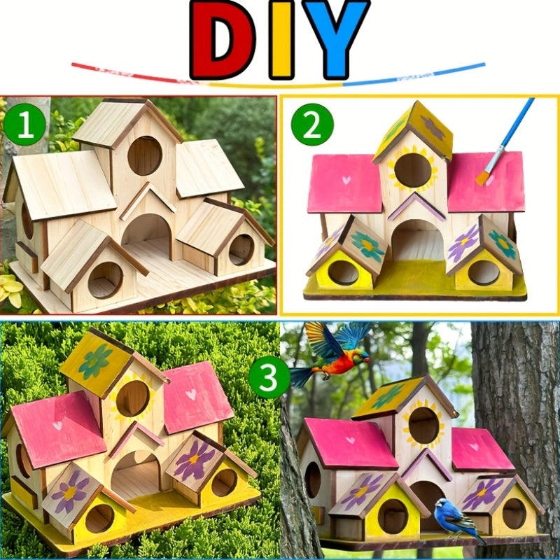Villa Style Wooden Birdhouse with Multiple Entry Openings, Compact Wood Color Bird House for Outdoor Garden Decor and Bird Lover Gifts