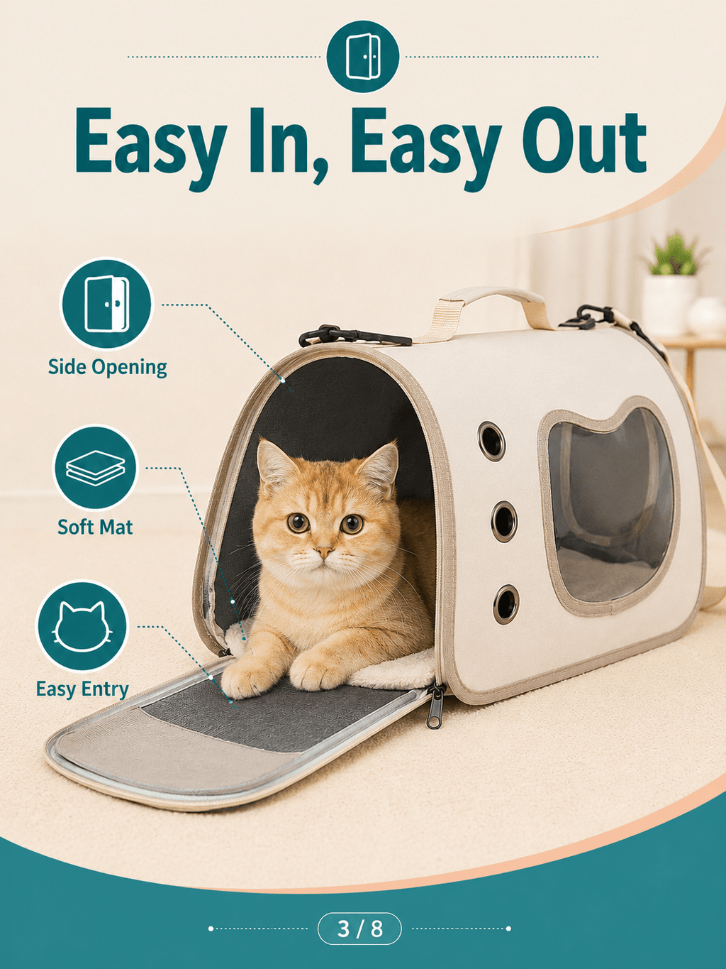 Pet Carrier Bag with Side Opening for Cats and Dogs, Soft-Sided Breathable Travel Tote for Handheld and Shoulder Carry, Off-White, Orange or Pink