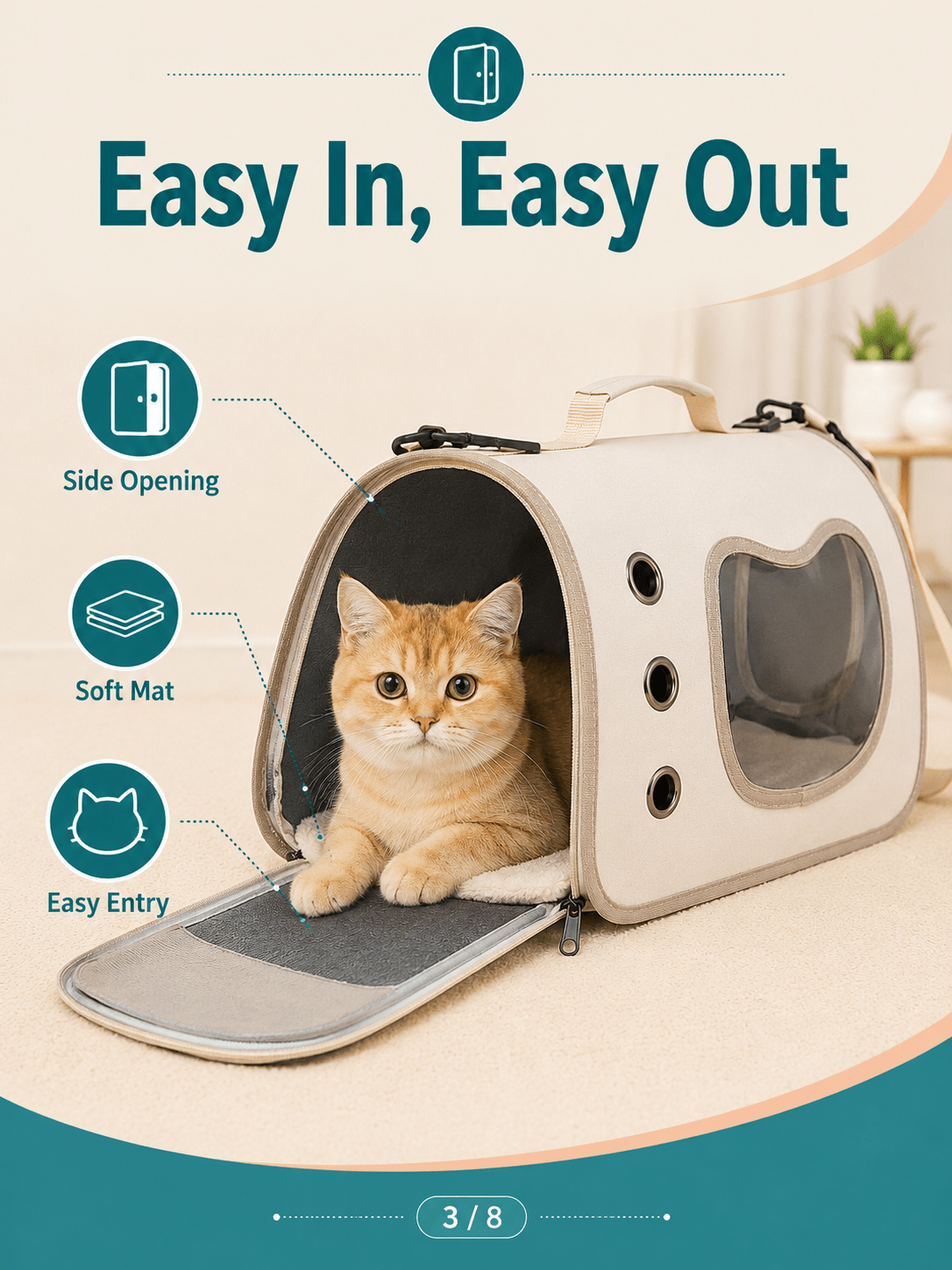 Pet Carrier Bag with Side Opening for Cats and Dogs, Soft-Sided Breathable Travel Tote for Handheld and Shoulder Carry, Off-White, Orange or Pink