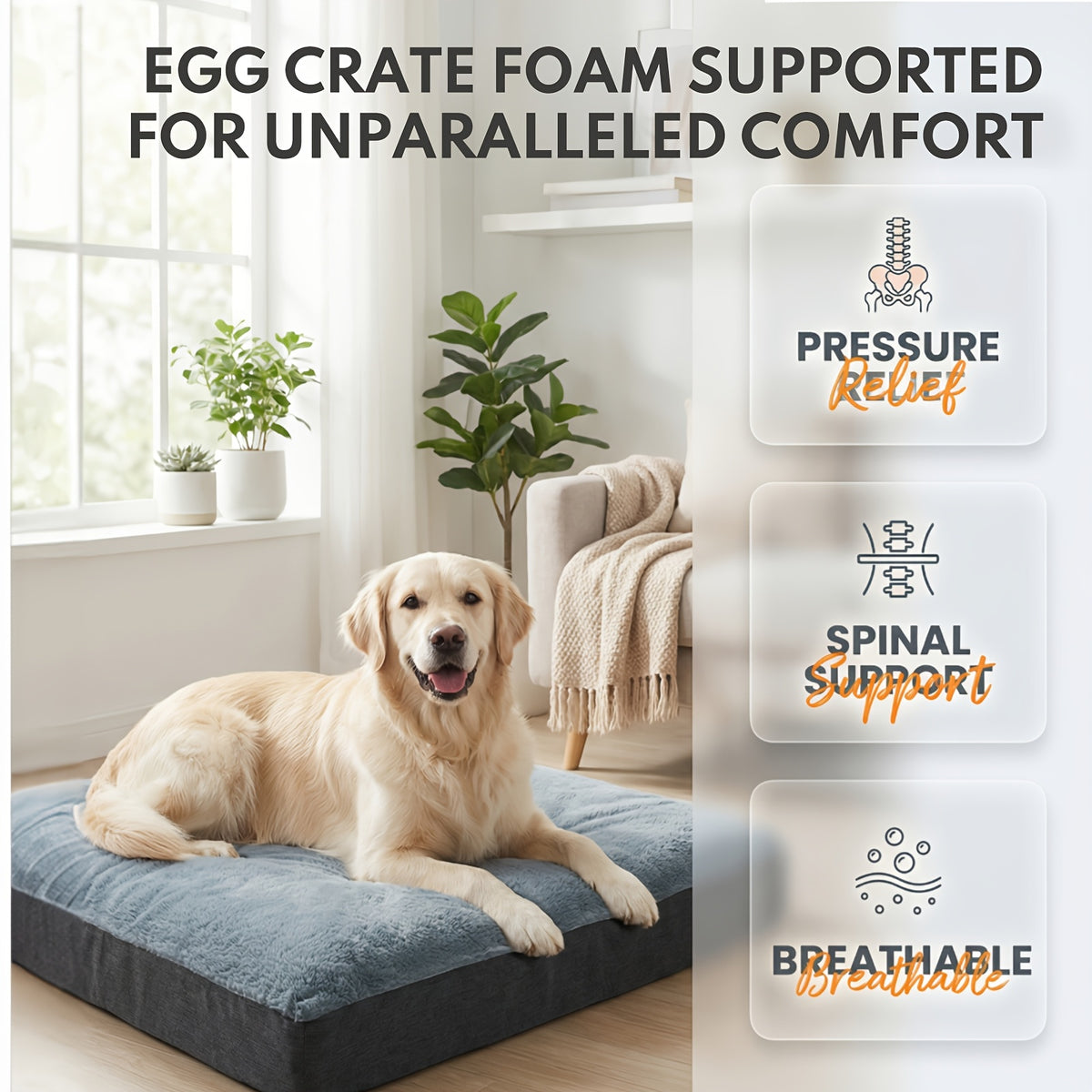 Double-Sided Orthopedic Dog Bed with Egg Crate Foam, Removable Washable Cover and Anti-Slip Base, Gray Crate Mat, 22.05 x 35.04 Inches