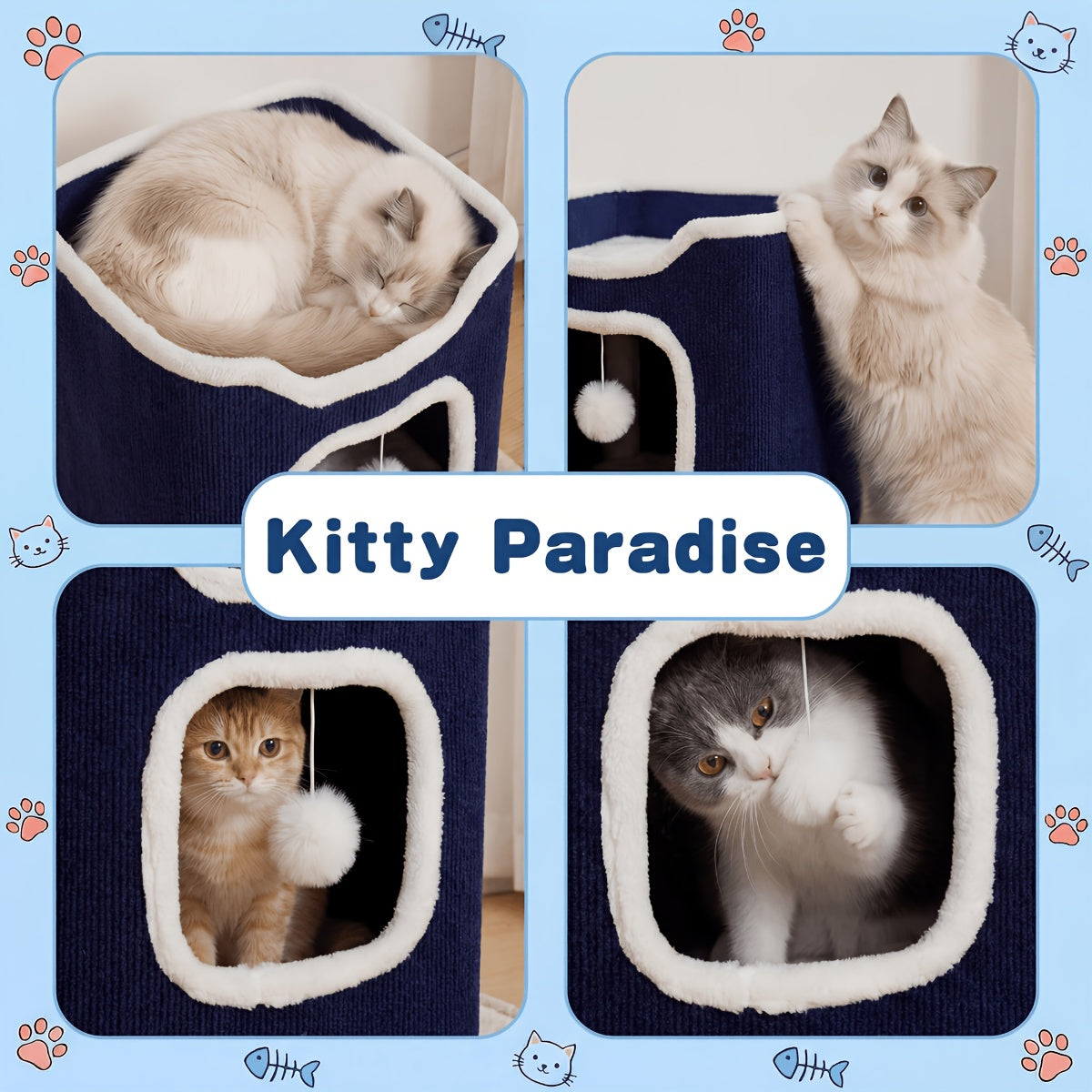 Cat Condo Bed with Hideaway Nests, Soft Lounging Platform and Hanging Ball Toys, Indoor Cat Furniture in Blue, Camel, Coffee or Beige