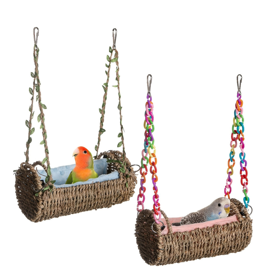 Parrot Nest Swing with Mat, Rattan Hanging Bird Toy with Colorful Random-Color Chain for Cage Enrichment and Supervised Pet Bird Play