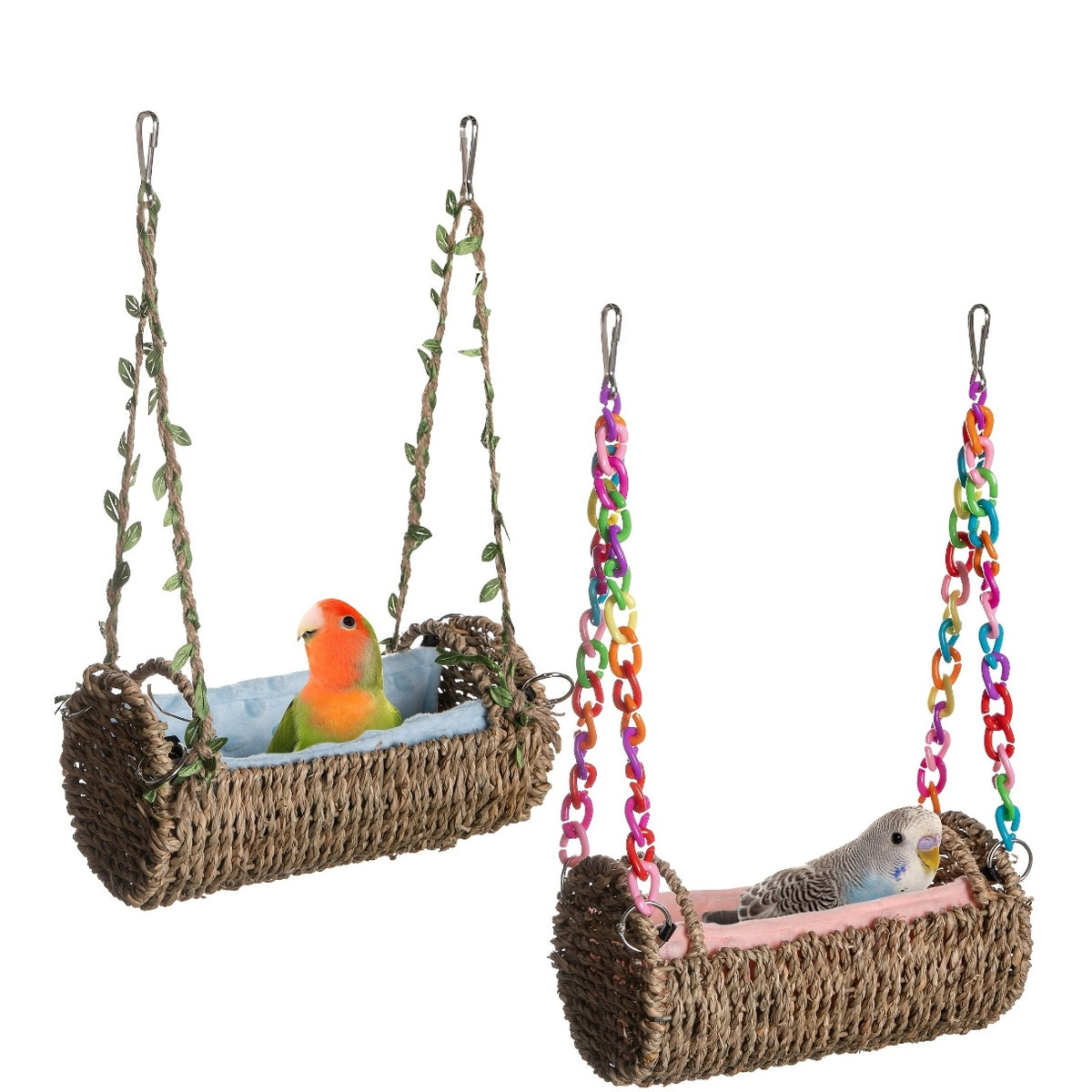 Parrot Nest Swing with Mat, Rattan Hanging Bird Toy with Colorful Random-Color Chain for Cage Enrichment and Supervised Pet Bird Play
