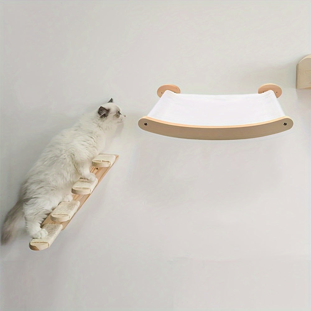 Cat Wall Hammock and Steps Set, Wall-Mounted Four-Step Sisal Climbing Furniture with Modern Hammock or Corner Perch Options for Indoor Cats