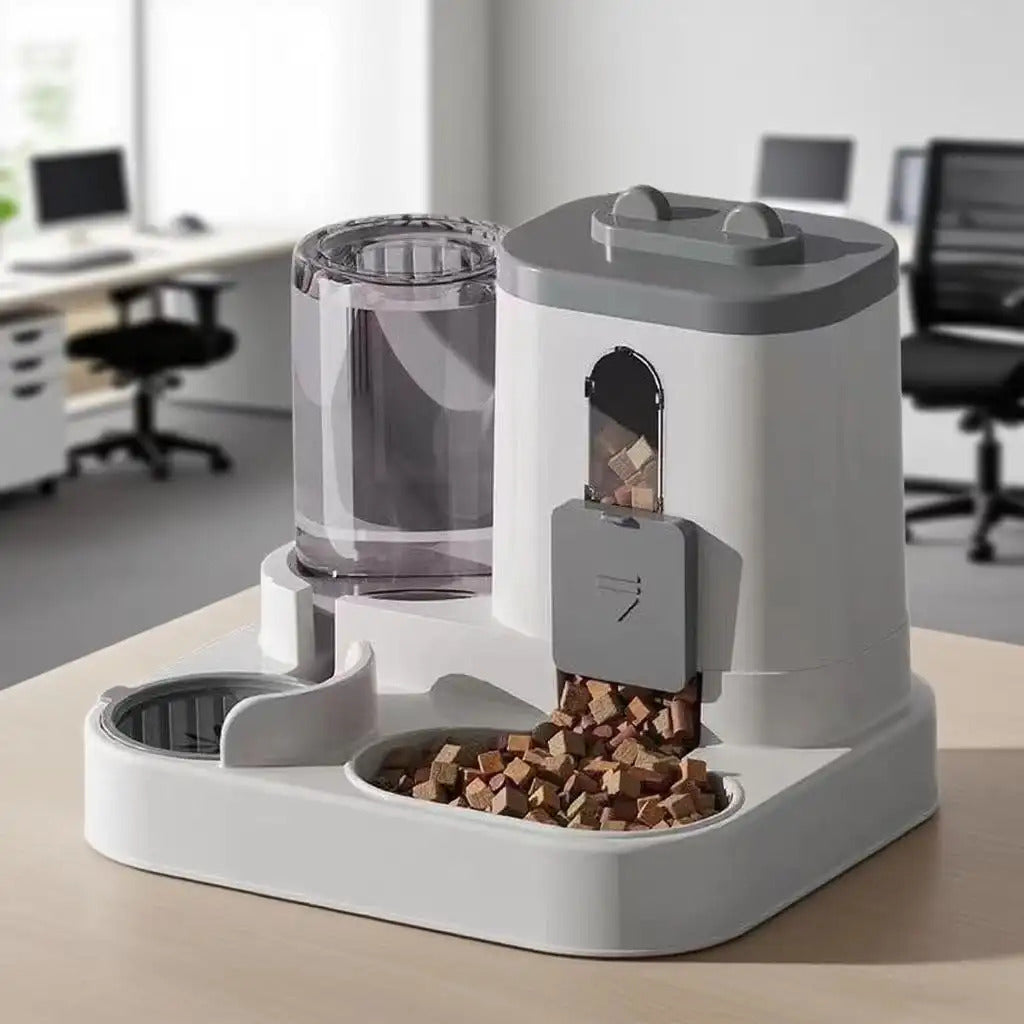 Pet Feeder and Water Dispenser Combo with Cat-Ear Lid, Visible Dry Food Window and Siphon Water Bottle for Cats and Small Dogs, Three Color Options