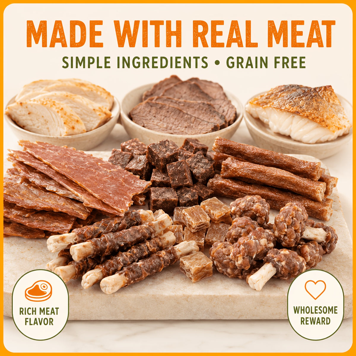 Dog Snack Variety Selection with Chicken Liver, Duck Jerky, Beef Cubes and Sweet Potato Donut Options for Supervised Training Rewards