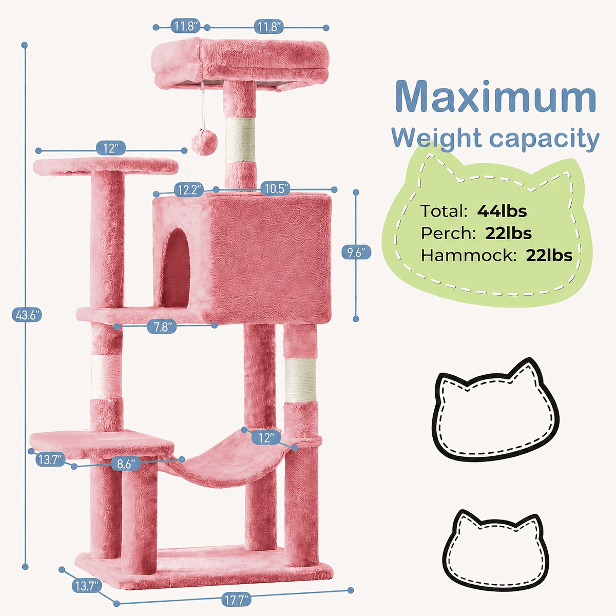 Cat Tree Tower with Condo and Hammock, Sisal Scratching Posts and Perches for Indoor Cats, 44-Inch Colors Plus 44/54-Inch Holiday Options