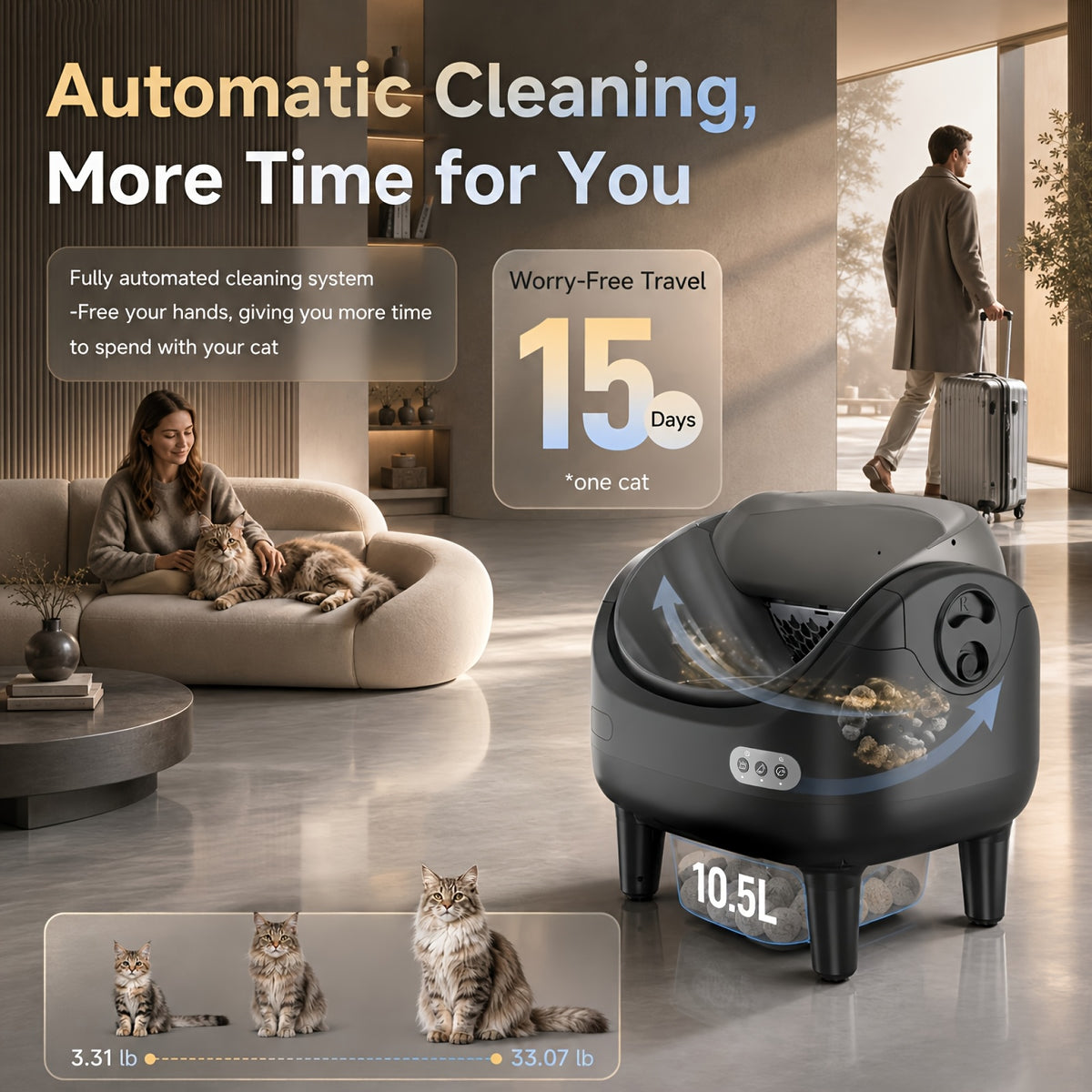 Sensor Equipped Self Cleaning Litter Box with Open Design, Extra Large Automatic Cat Toilet and Large Waste Compartment for Multi-Cat Homes