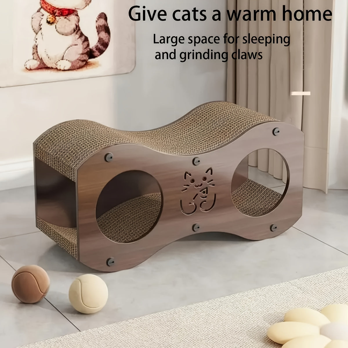 Cat Scratching Post with Integrated Bed and Woven Scratch Pad, Indoor Cat Lounging and Play Furniture with Cat Toy, Oak or Walnut Color Options