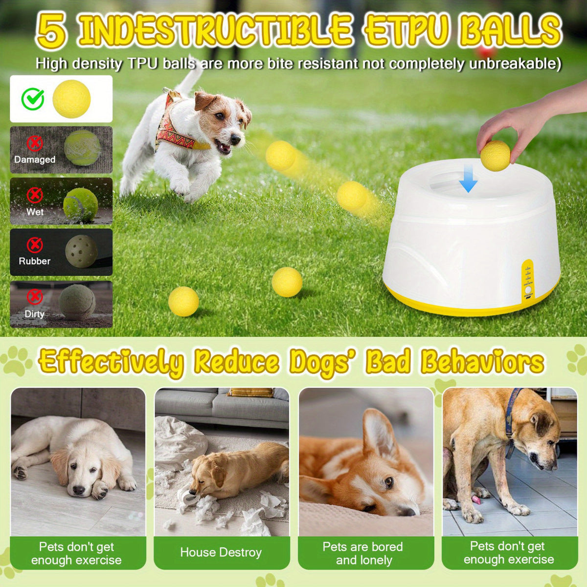 Automatic Dog Ball Launcher with 5 Balls, Adjustable Distance Fetch Machine for Small and Medium Dogs, Supervised Indoor and Outdoor Play