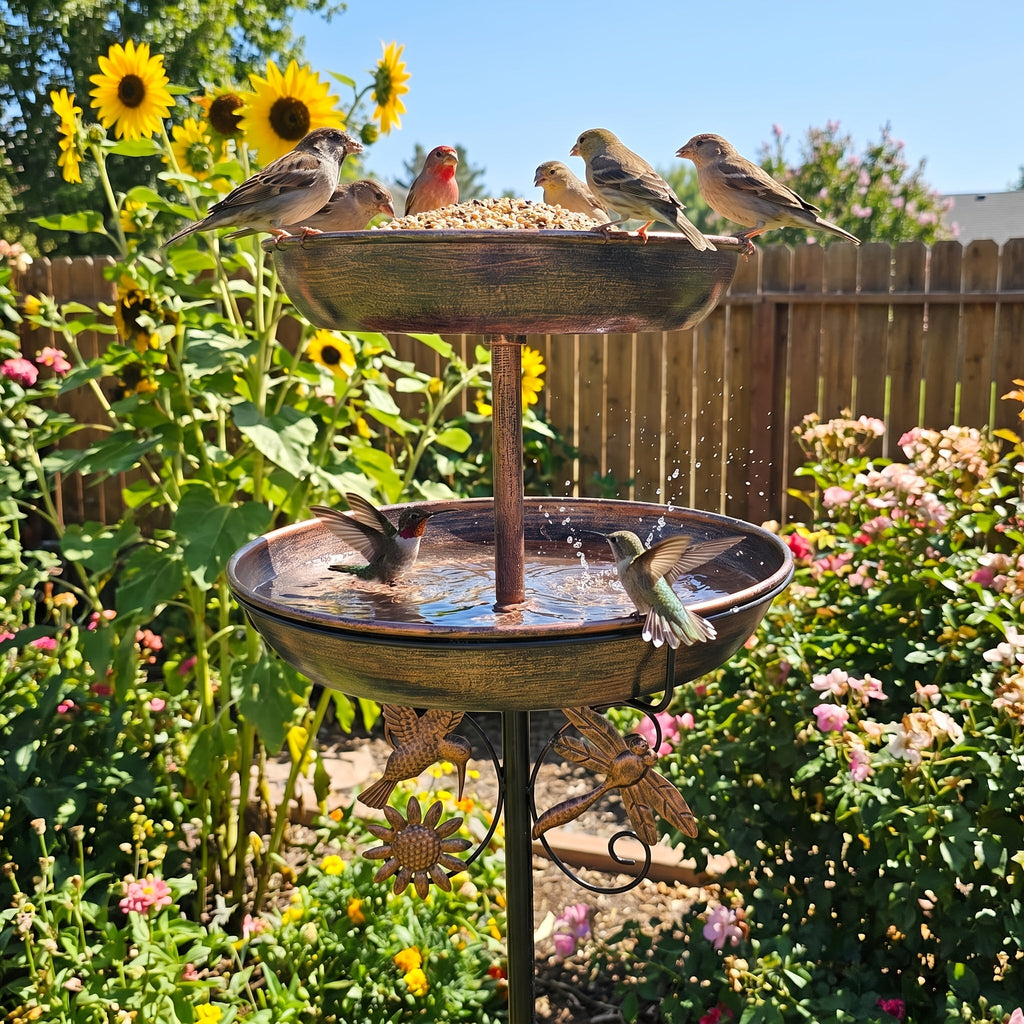 Bird Bath and Feeder 2-in-1, Bronze Double-Tier Iron Birdbath with 5-Prong Ground Stake and Vintage Garden Accents for Outdoor Yards