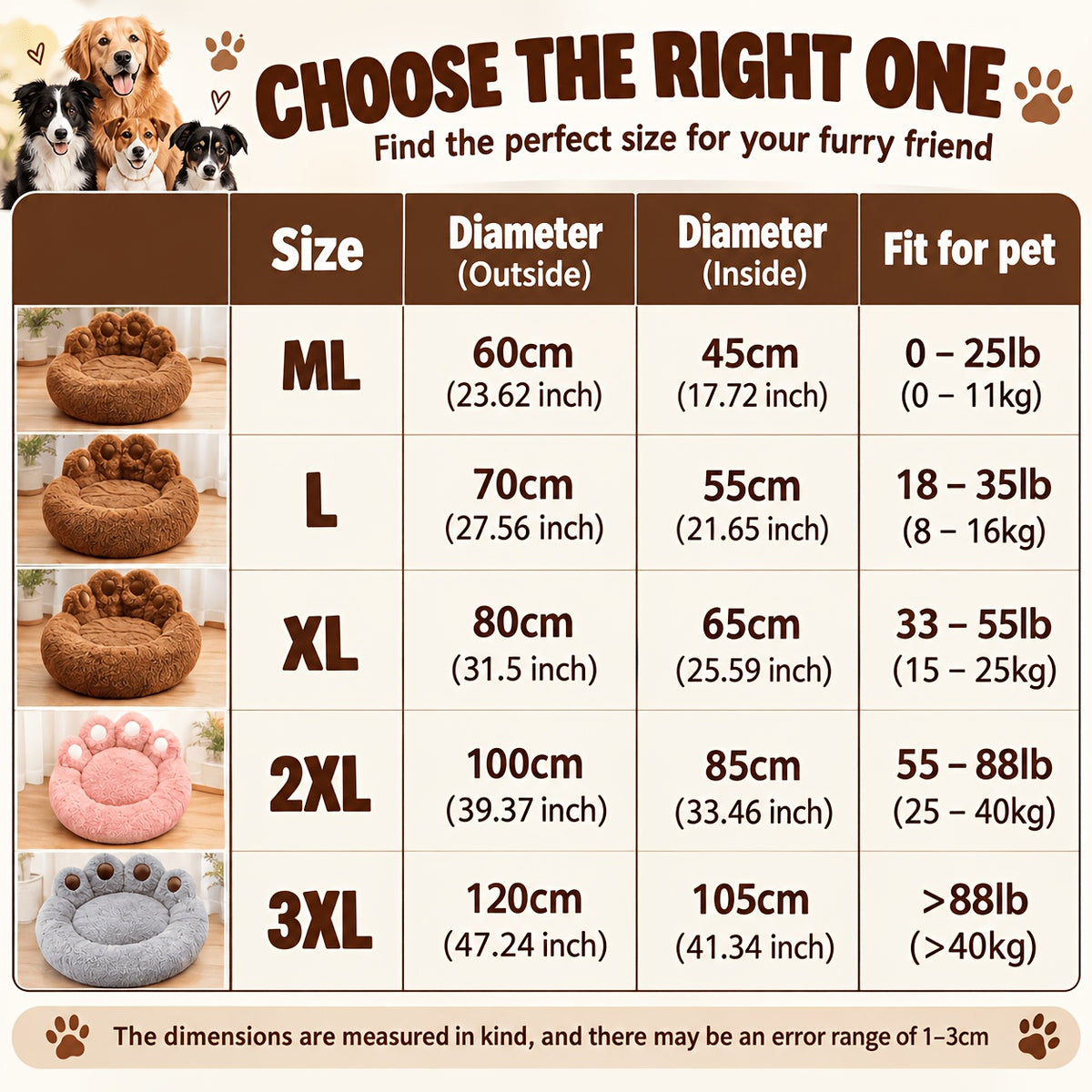 Dog Bed with Bear Paw Bolsters, Thick Plush Cat Sleeping Cushion with Non-Slip Bottom, Pink Grey or Coffee in 60cm, 70cm and 100cm Sizes