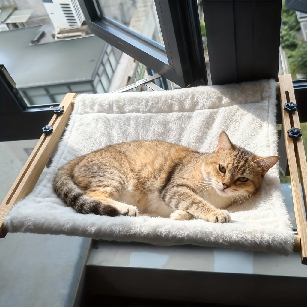 Cat Window Lounger with Adjustable Wooden Frame and Paw Pattern, Hanging Hammock Bed for Compatible Windowsills, Bedsides and Cabinets